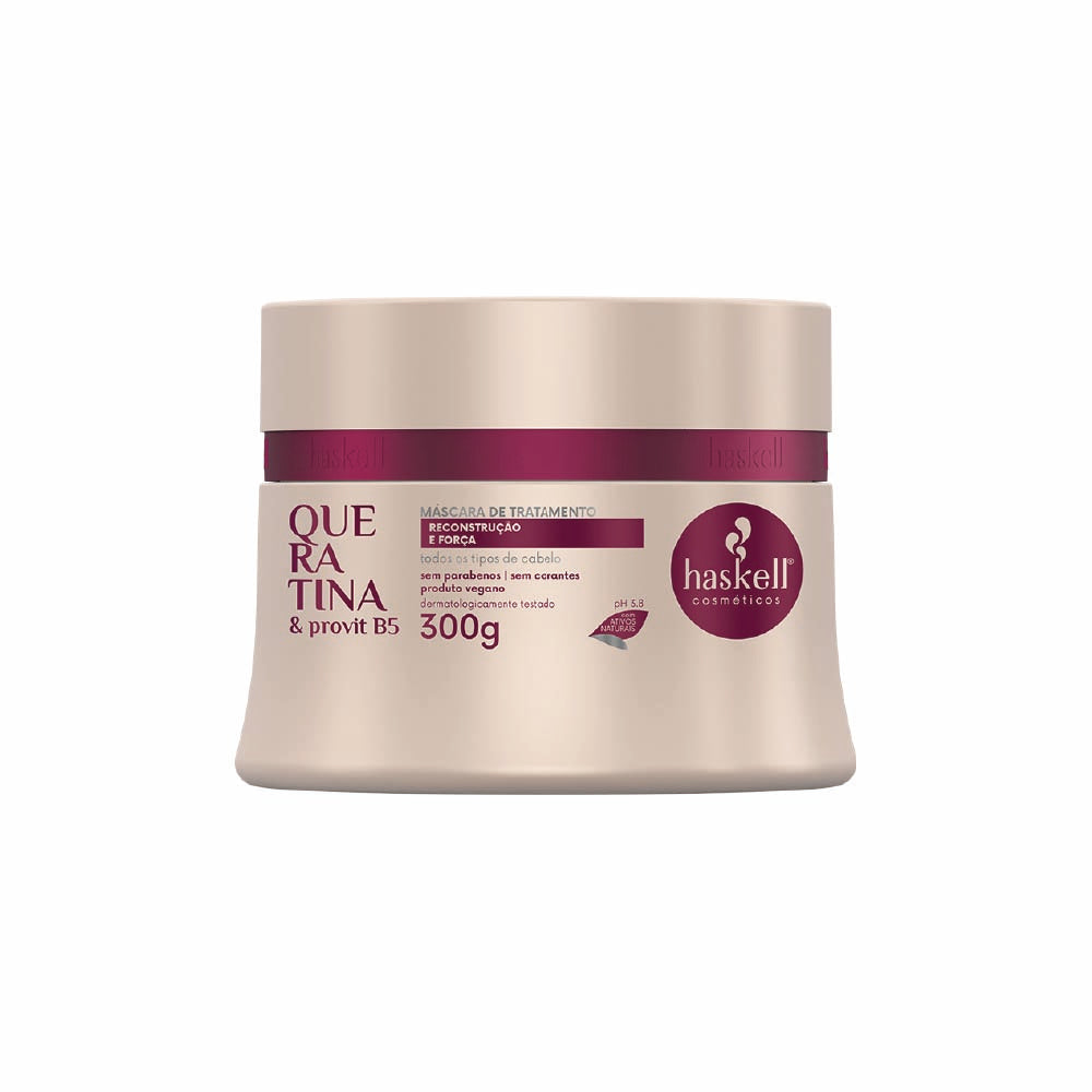 Hair product jar with purple label and 'haskell' branding on a white background