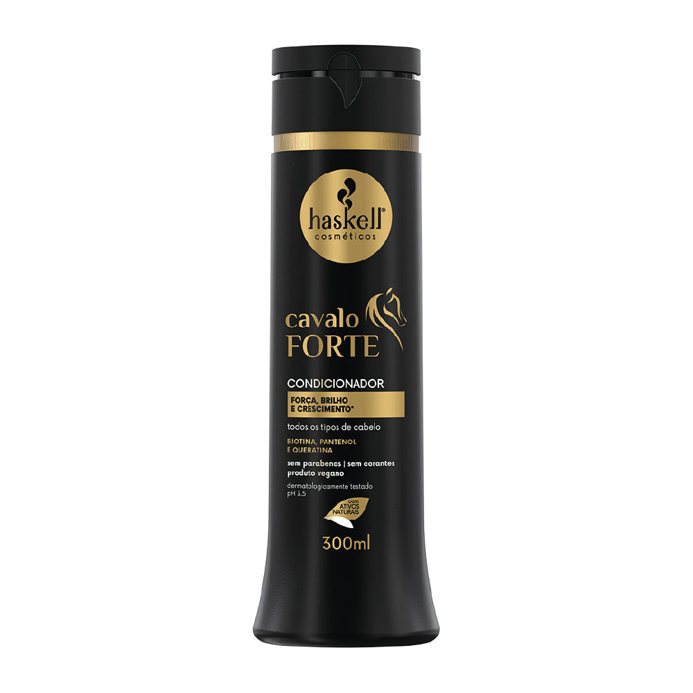 Black hair conditioner bottle with gold text and Haskell logo on a white background